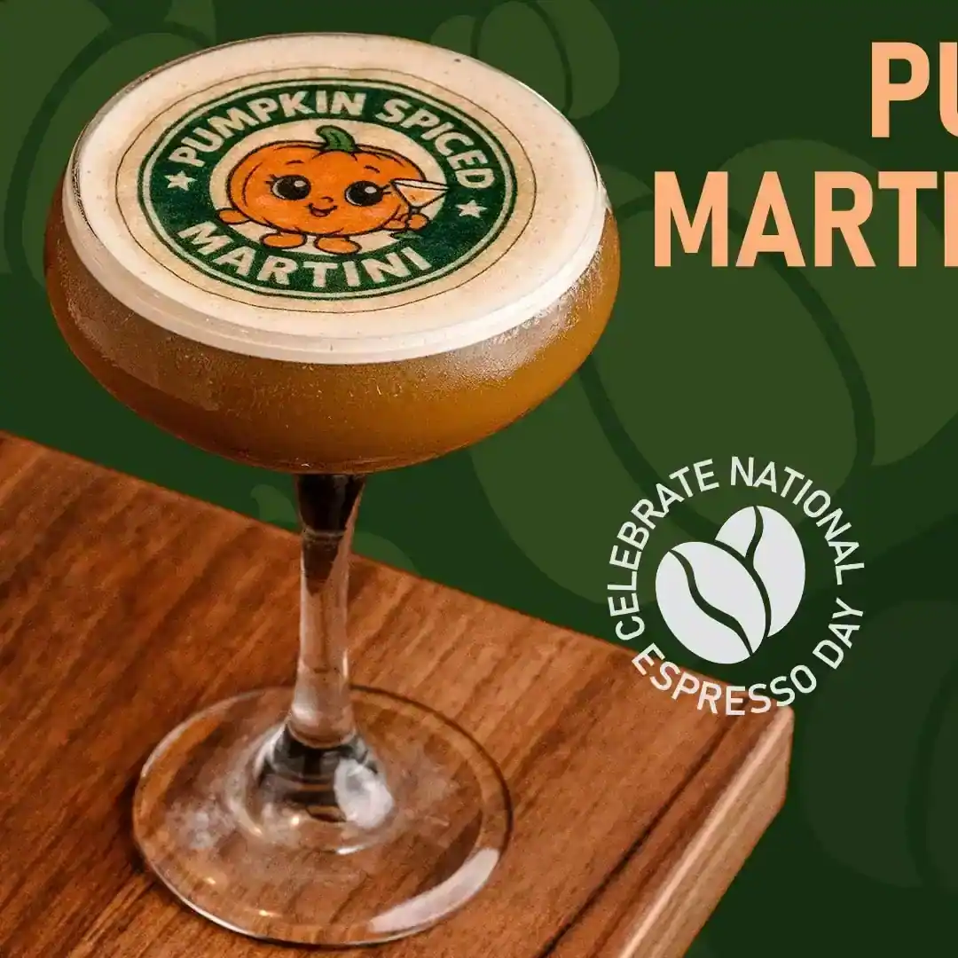 A landscape poster advertising a pumpkin spice latte with a green background and pumpkin designs